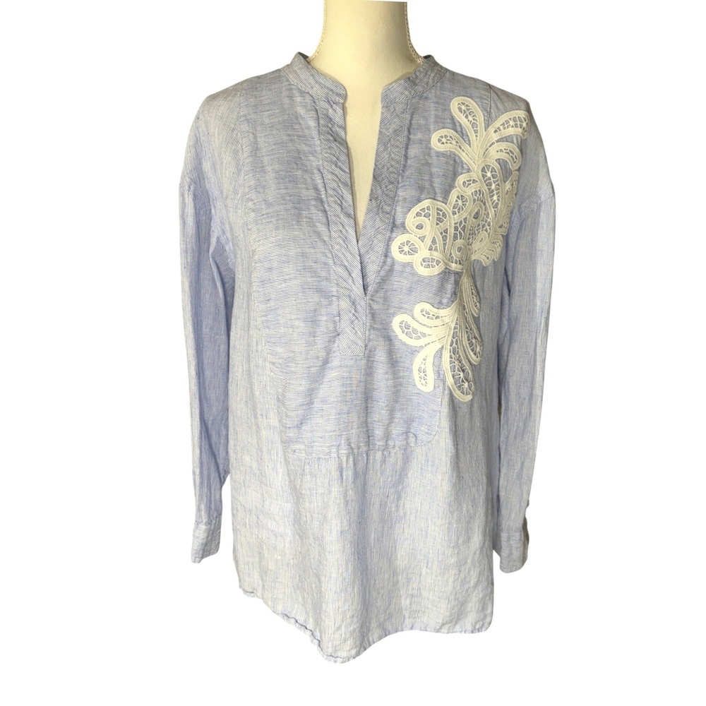 Lauren Ralph Lauren 2X Blue White Striped Linen Lace Applique Blouse Casual Boho